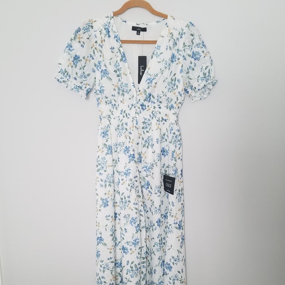 Lulu's Visions of Spring Floral Midi Dress puff sleeves